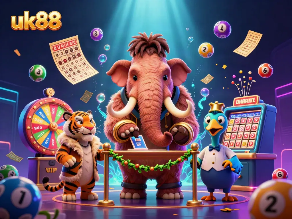 Experience thrilling wins at uk88 with a mammoth bouncer, VIP guests, and vibrant lottery elements.