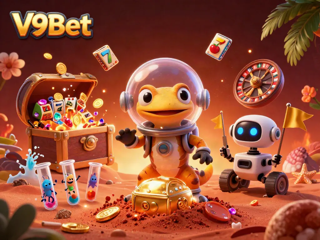 Experience V9Bet's vibrant casino atmosphere with a Martian gecko discovering exciting gaming treasures.