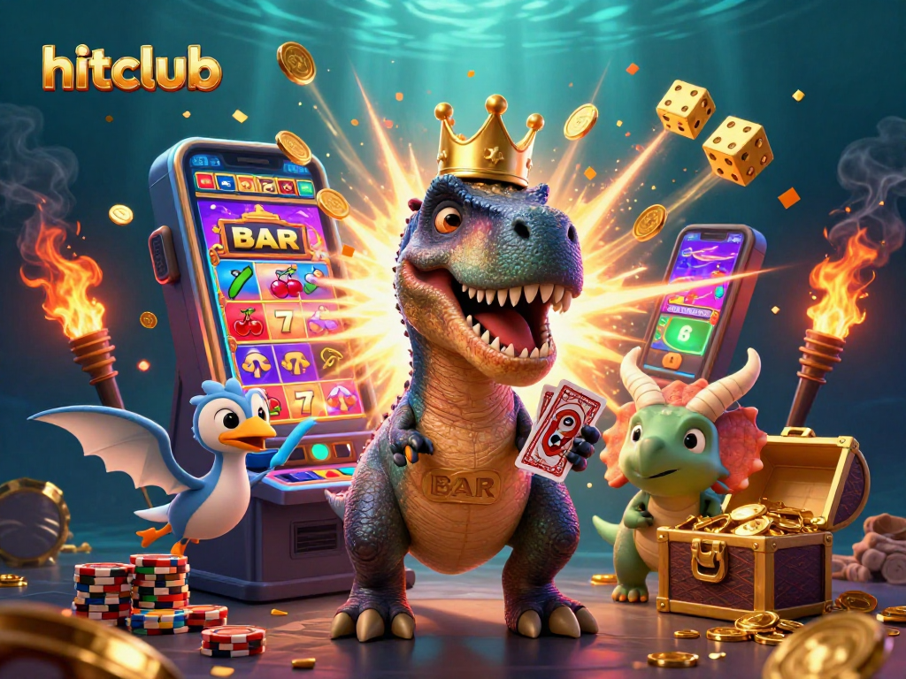 Engage with hitclub's dynamic gaming scene featuring T-Rex and friends in a vibrant casino atmosphere.