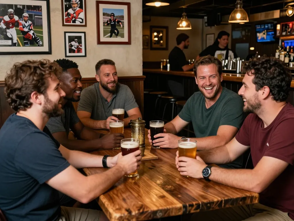 Men club gathering at a rustic bar, showcasing camaraderie and conversation.