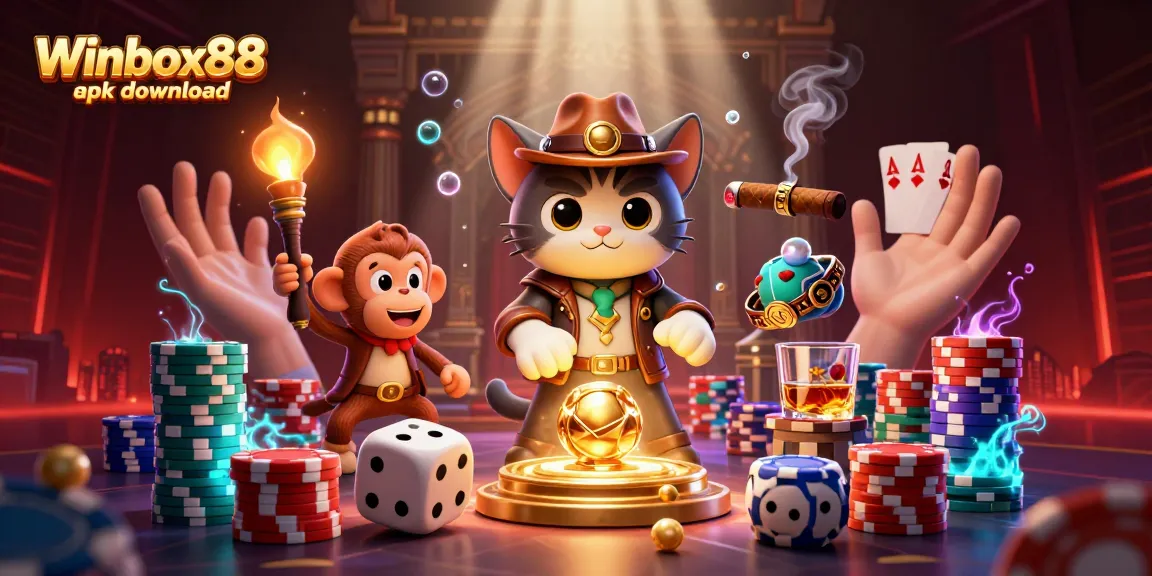 Experience the thrill of Winbox88 apk download with vibrant casino elements and adventurous characters.