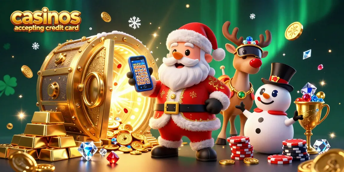 Play at casinos accepting credit card in a festive casino scene with Santa and friends celebrating jackpots.
