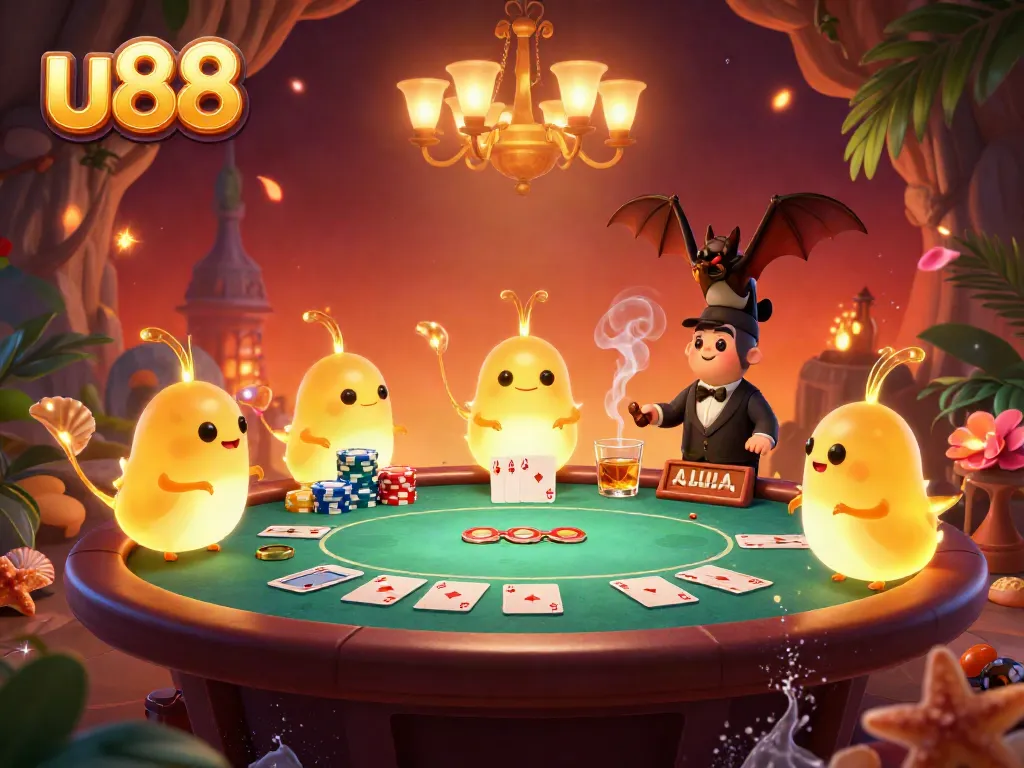 Experience thrilling poker action at u88 with glowworms lighting up a vibrant cave casino.