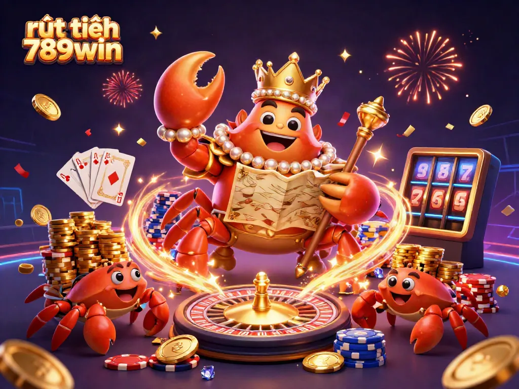 Engaging scene illustrating rút tiền 789win with a golden crab emperor in a vibrant casino setting, surrounded by treasures.