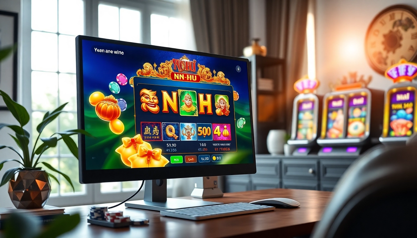 Nổ Hũ online gaming interface displayed in a stylish home office setting, showcasing vibrant colors and dynamic graphics.