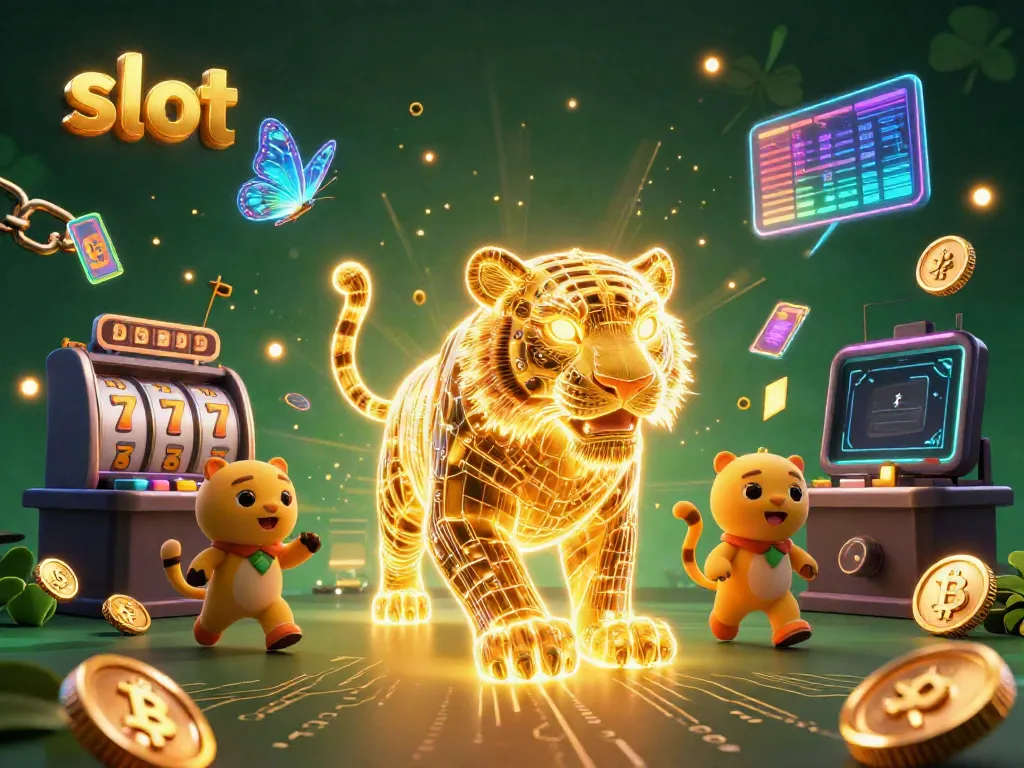Experience thrilling slot action with a vibrant 3D casino scene featuring a golden tiger and digital elements.