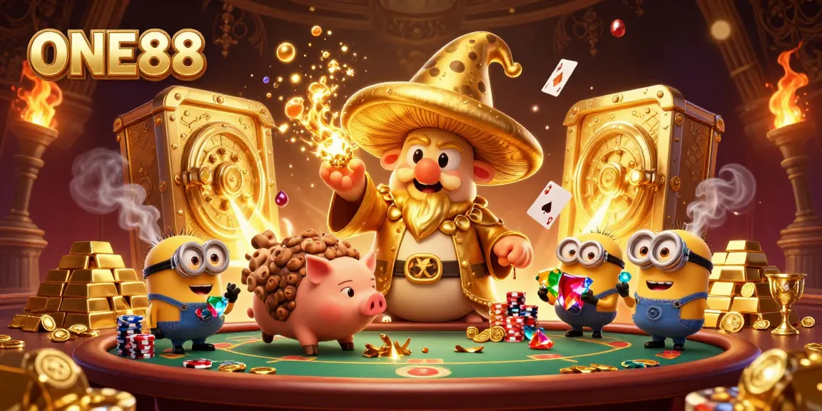 Experience the excitement of ONE88's casino magic with a golden mushroom wizard and treasure-filled scene.