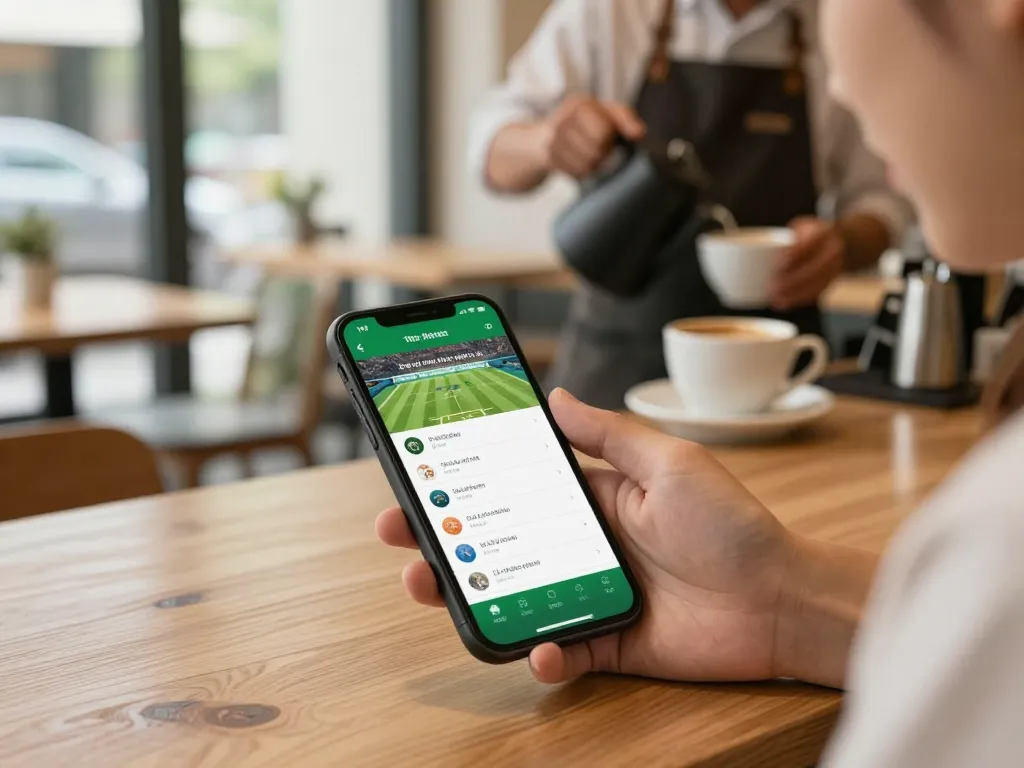Engaging with tỷ lệ kèo trực tuyến on a smartphone in a cozy café environment.