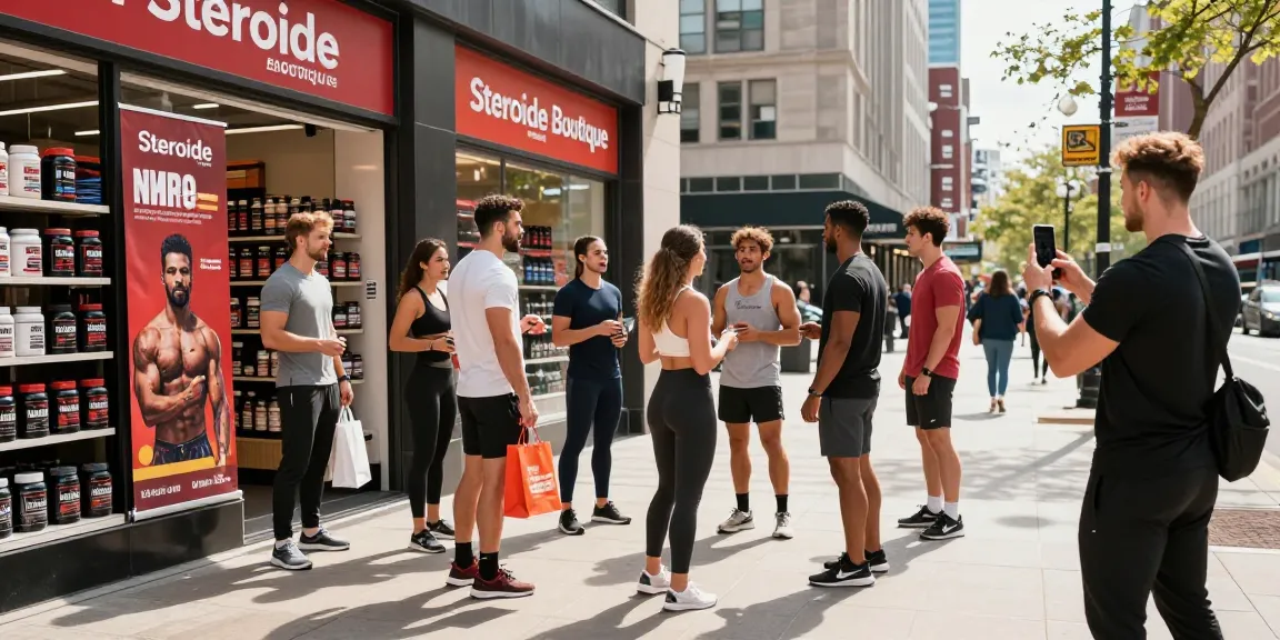A vibrant scene outside Steroide Boutique with fitness enthusiasts discussing anabolic steroids and supplements, showcasing a bustling urban environment.