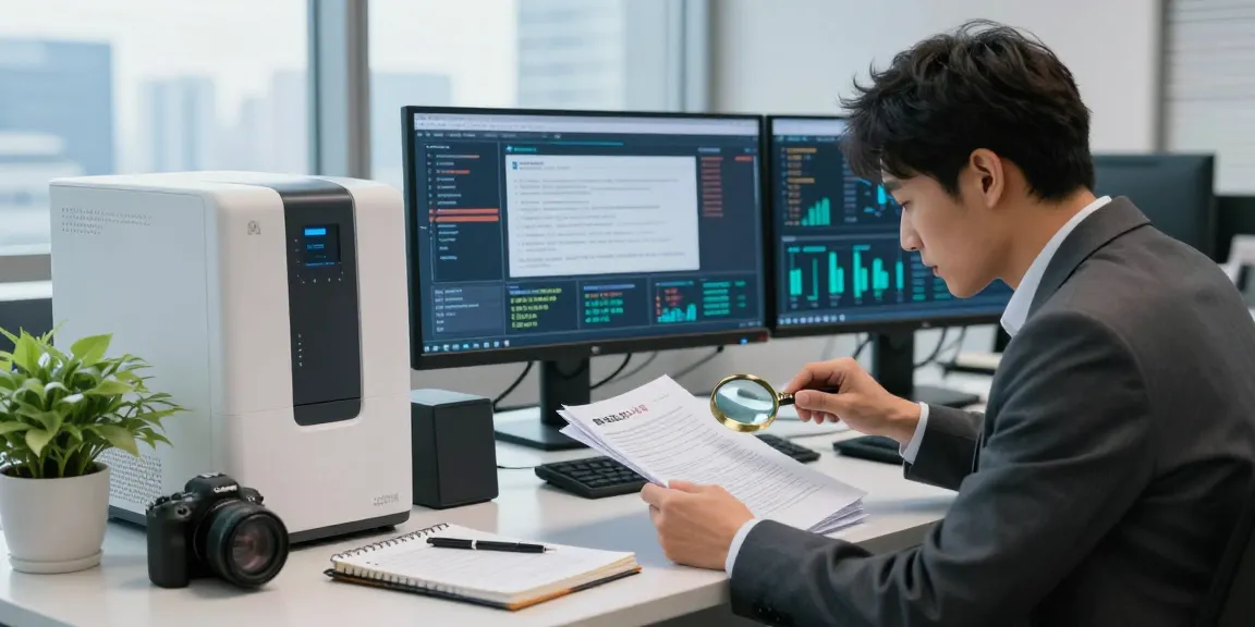 Document fraud detection in modern office setting with an analyst reviewing documents and using technology for verification.