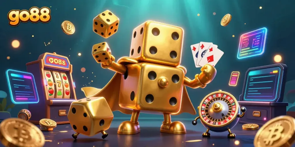 Engaging scene of go88 featuring a dice golem juggling dice in a vibrant, dynamic casino environment