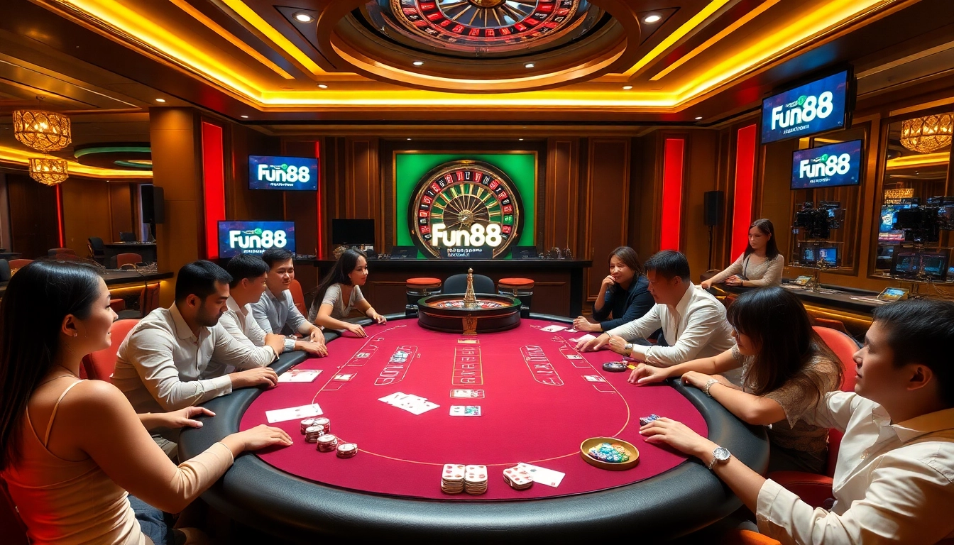Players at a vibrant poker table embrace excitement at fun88 chính thức casino.