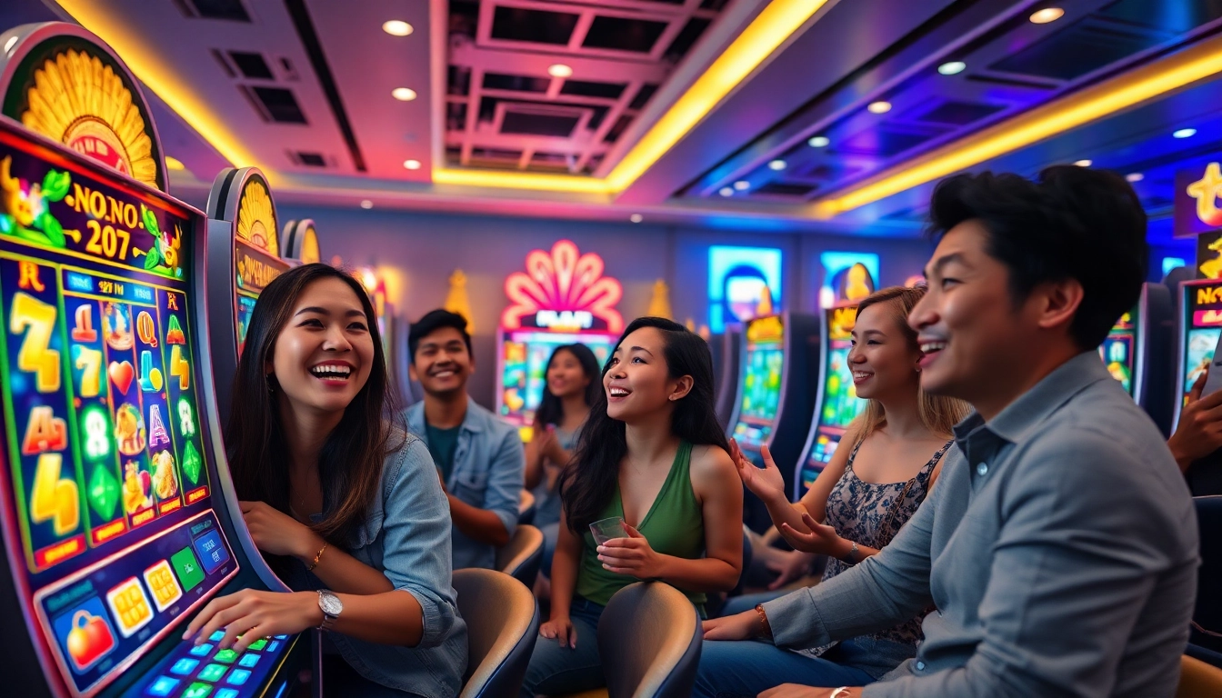 Nổ Hũ gaming experience with colorful slot machines and happy players in a modern casino.