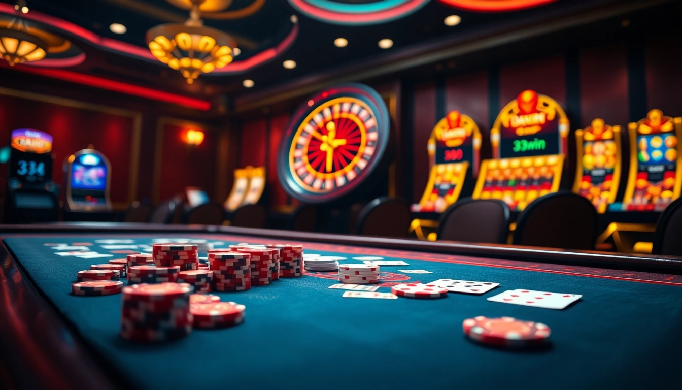 33win đăng nhập at a luxurious casino table filled with poker chips, cards, and online game interface.