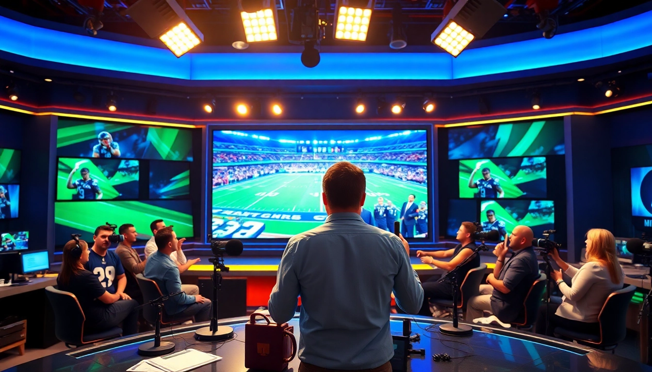 Engaging sports broadcasting scene with anchor and live game highlights to illustrate Sports Broadcasting