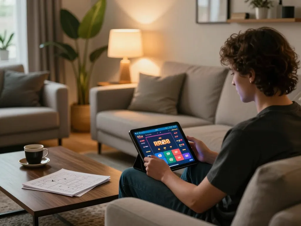 Engaging in RR88 gaming on a cozy living room sofa with tablet and strategy notes