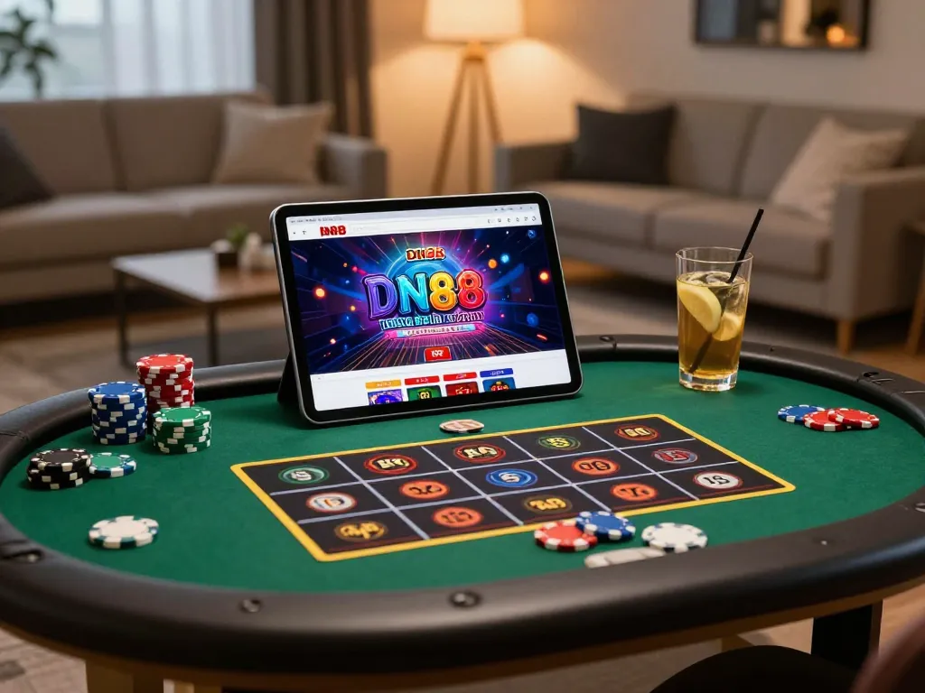 Engaging player navigates the DN88 trang chủ site on a tablet, enjoying a secure online gambling experience in a cozy setting.