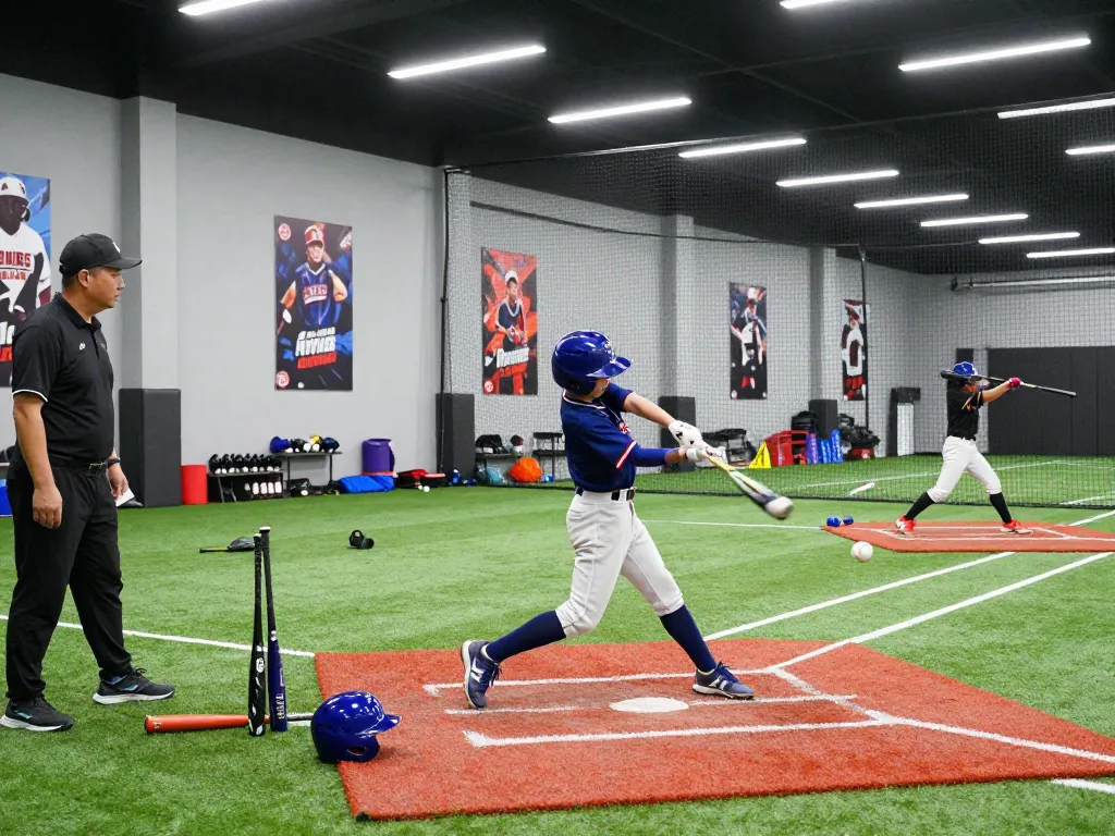 Young athlete training at hitclub baseball facility, demonstrating skill and focus during batting practice.