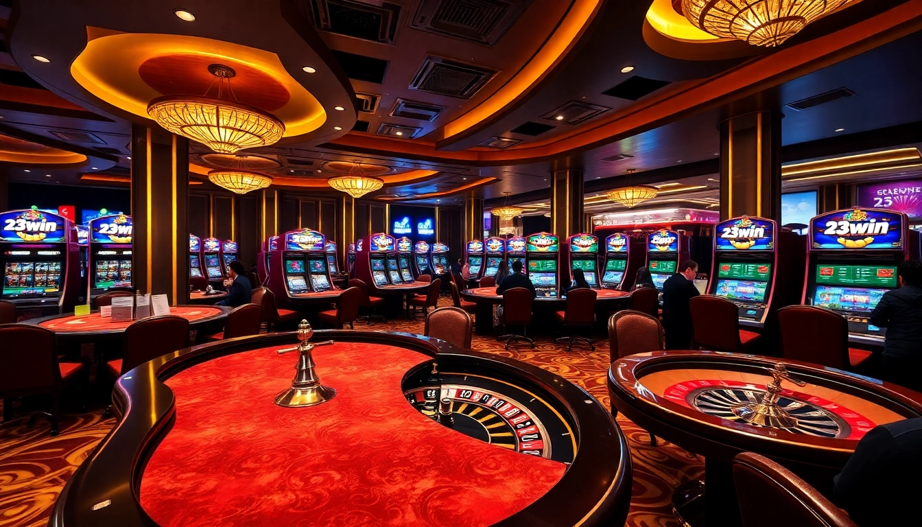 Thrilling casino action at 23win featuring poker tables, roulette wheel, and vibrant slot machines.