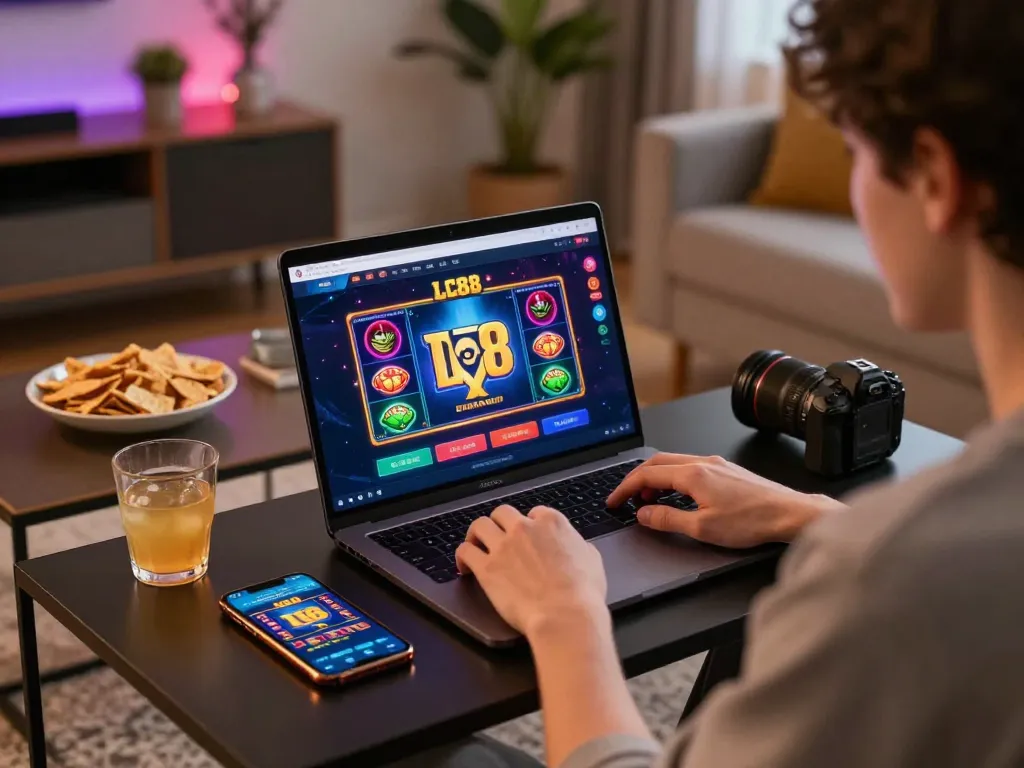 Engaged player navigating the LC88 casino platform for strategic online gambling in a cozy home atmosphere.