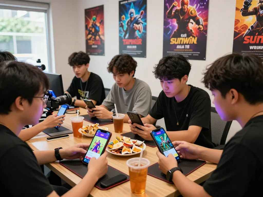 Engaged group of friends downloading tải sunwin gaming app in a colorful room.