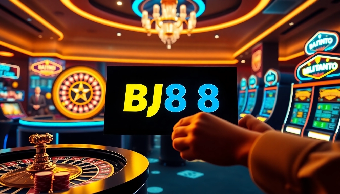 BJ88 offers an exciting experience with vibrant casino elements like poker chips and a roulette wheel.