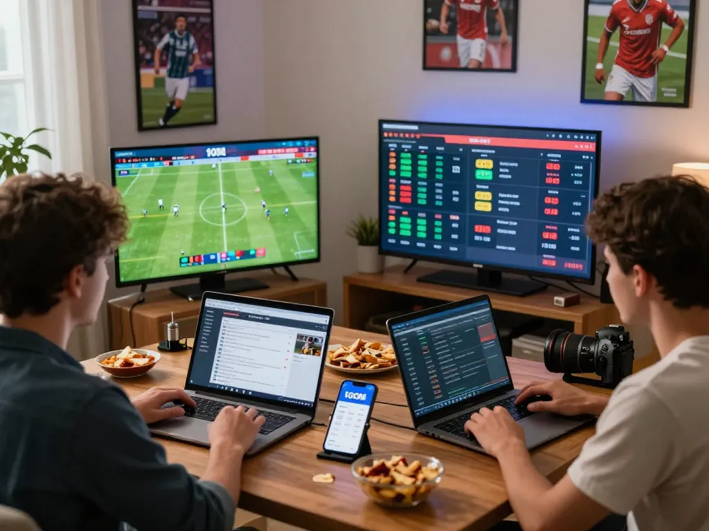 Engaged bettors enjoying online betting experience at home using 1gom for live match updates and odds.
