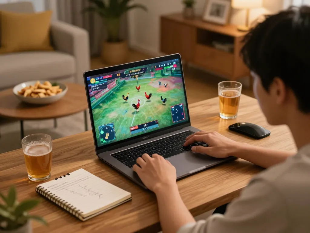 Engaged player watching đá gà trực tiếp thomo on laptop, enjoying high-quality gaming experience at home