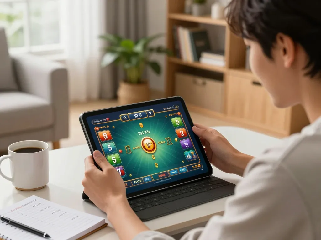 Tài xỉu online uy tín gameplay displayed on a tablet in a cozy home setting, showing vibrant betting graphics.