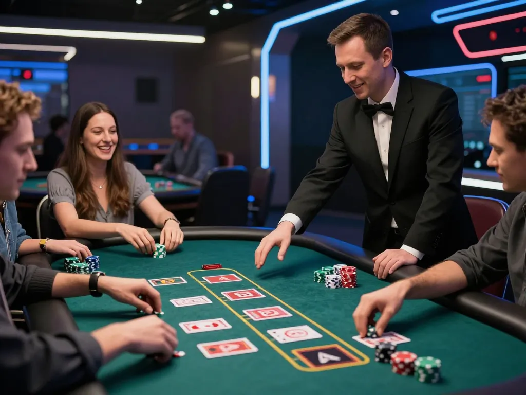 A vibrant scene from the Trang chủ Ta88 live casino, showcasing players actively engaging in gaming with a professional dealer and lively atmosphere