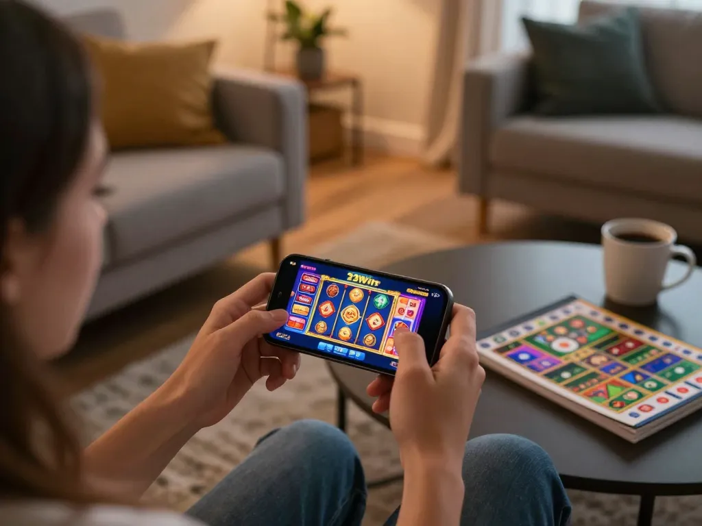 Player engaging with slot game on 23Win mobile app in cozy living room setting, showcasing responsible gaming