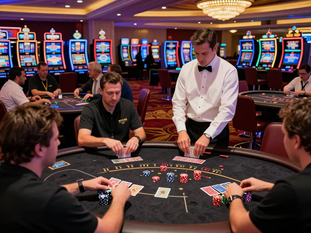 Players engaging at a black jack table as gk88 strategies unfold around colorful casino atmosphere.