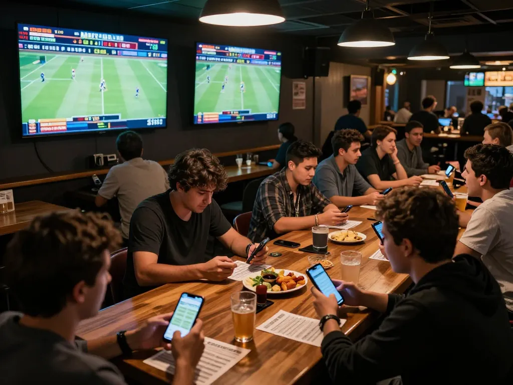 Engaged patrons at sports betting event analyzing odds on devices at Trang chủ Sin88.
