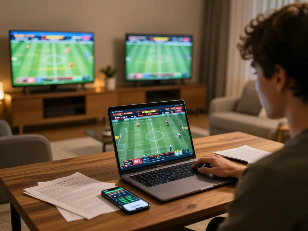 Engaging in kèo nhà cái 5 sports betting at home with a laptop and betting notes