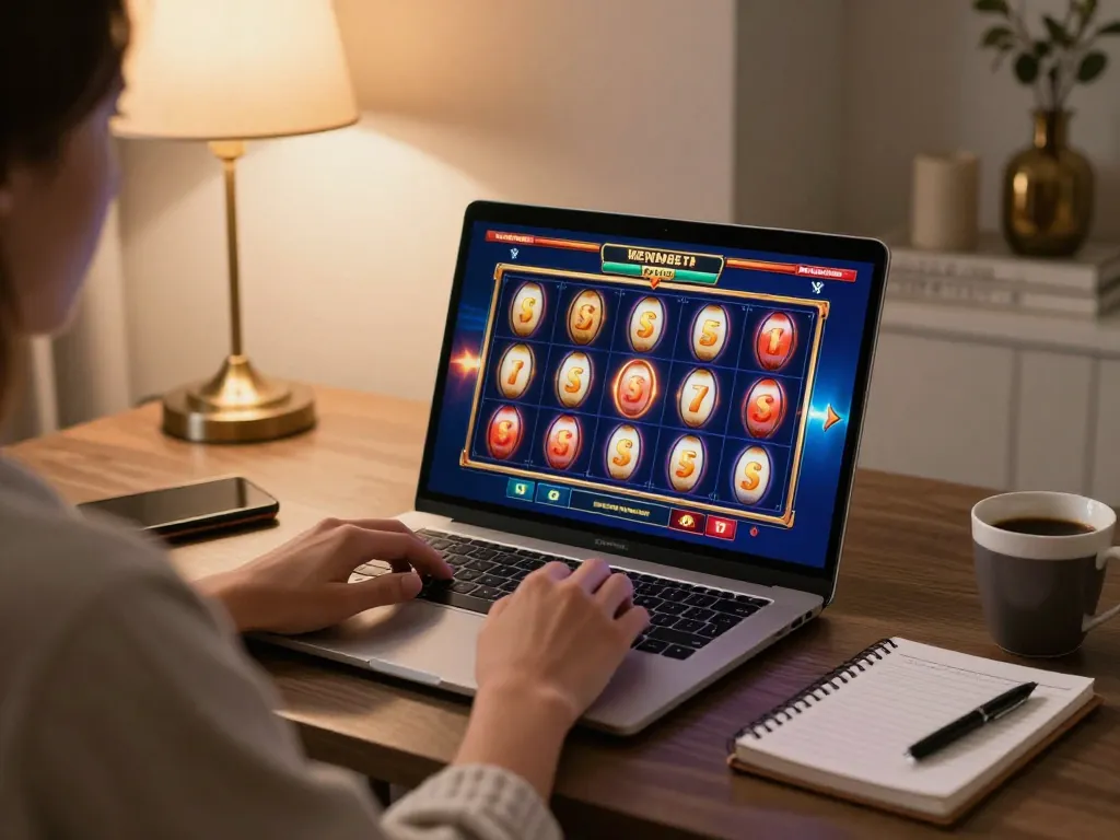 Engaging online casino gameplay on 888bgo laptop with colorful slot interface in a cozy home setting
