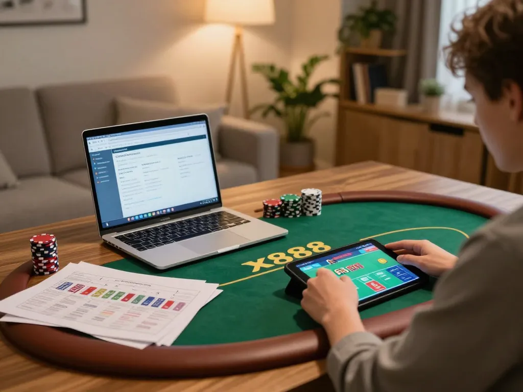 Engaging in strategic online poker gameplay on a tablet with x888 for responsible gambling.