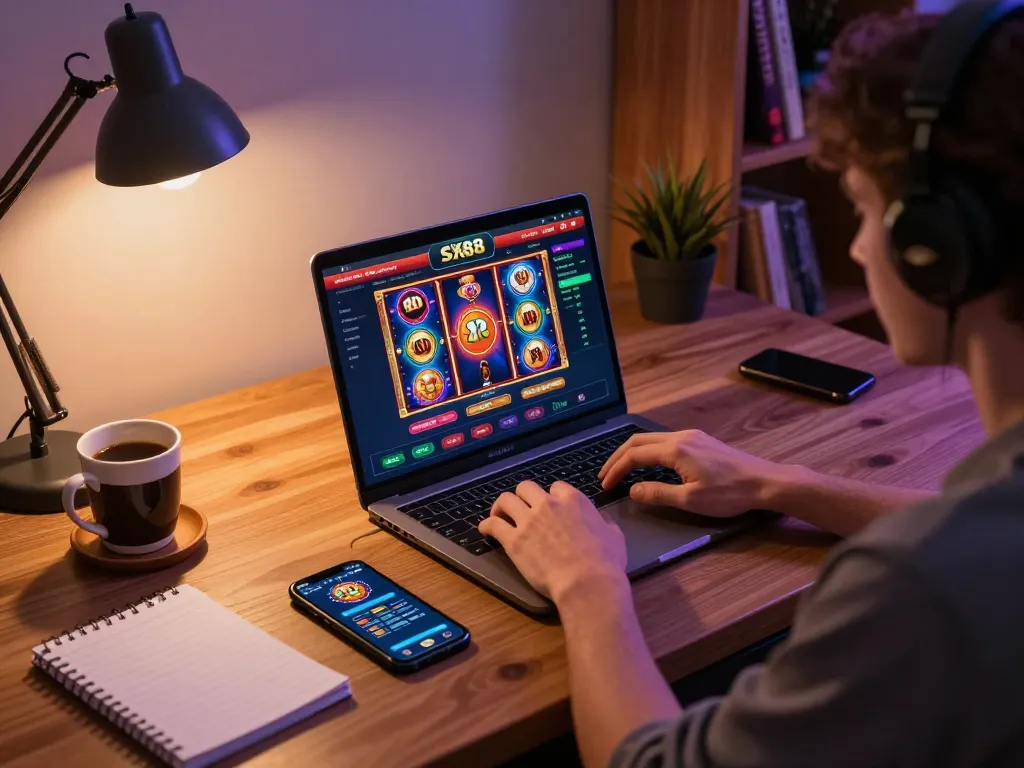 SX88 online gaming scene with a person engaged in casino games on a laptop, emphasizing responsible gambling.