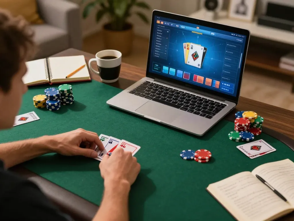 Engaging online poker gameplay on a laptop at home featuring xo88 poker strategies.