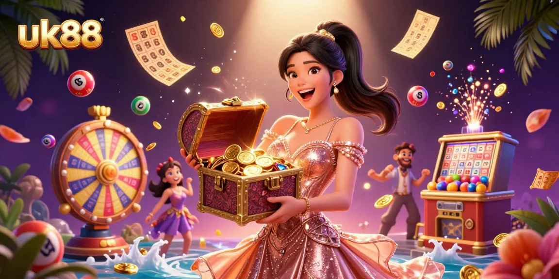 Engage in thrilling UK88 gambling with vibrant casino elements, golden treasures, and colorful prizes.