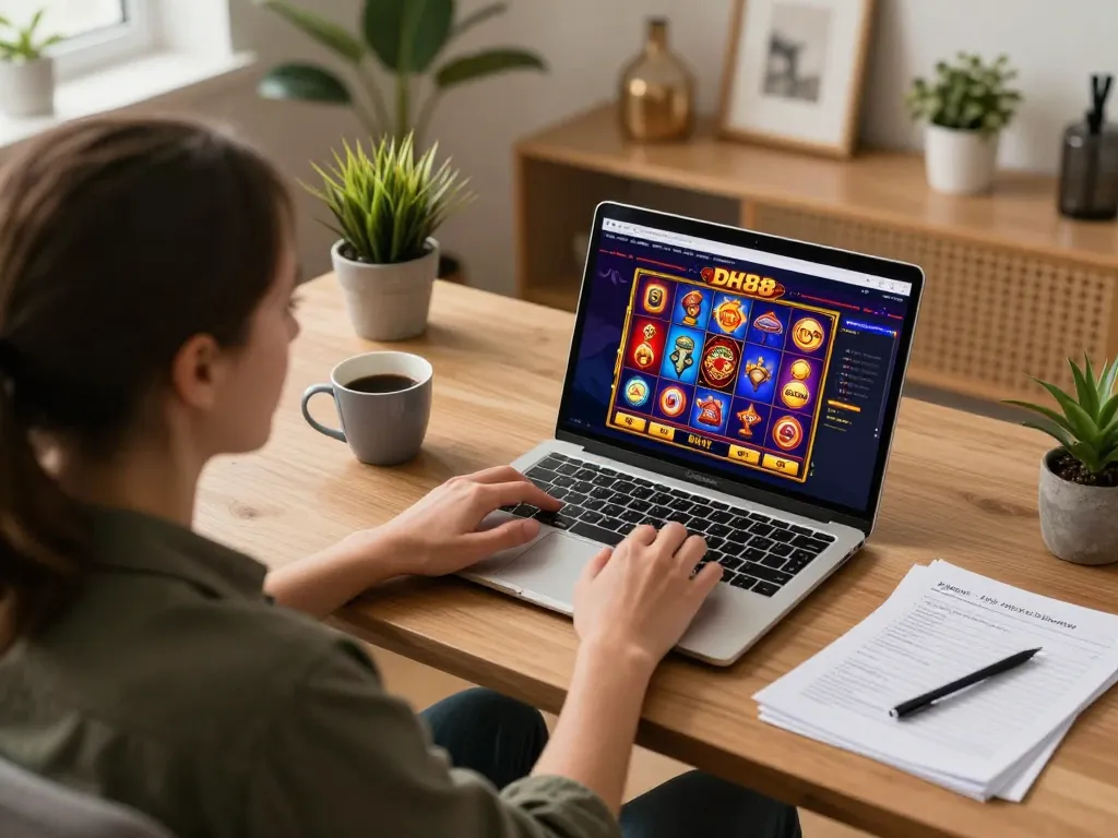 Player enjoying DH88's online slot games while tracking strategies in a cozy home setting.