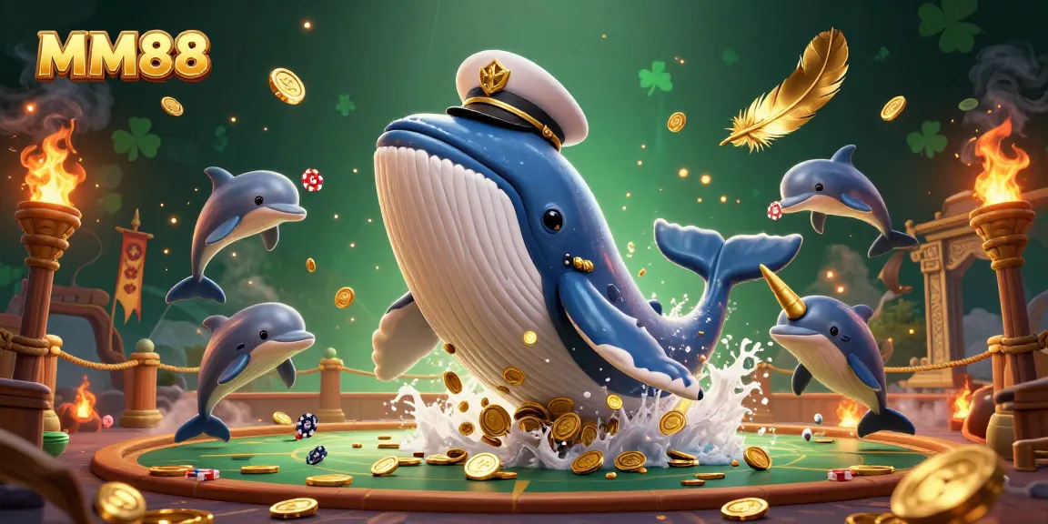 Win big at MM88 with a 3D cartoon scene featuring a whale, narwhal, and dolphins celebrating coins and poker chips.
