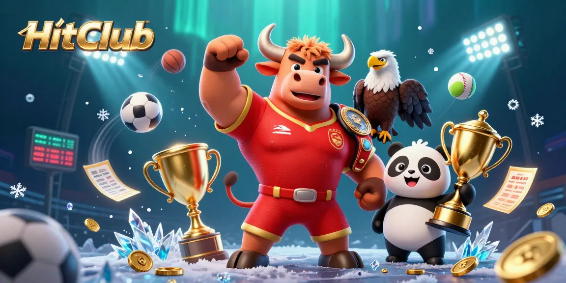 Celebrate your wins at HitClub with a dynamic casino scene featuring a trophy and sports elements.
