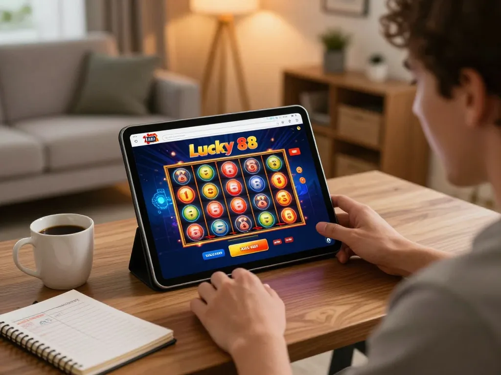 Engaged player enjoying the Lucky88 slot game on a tablet in a cozy home setting.