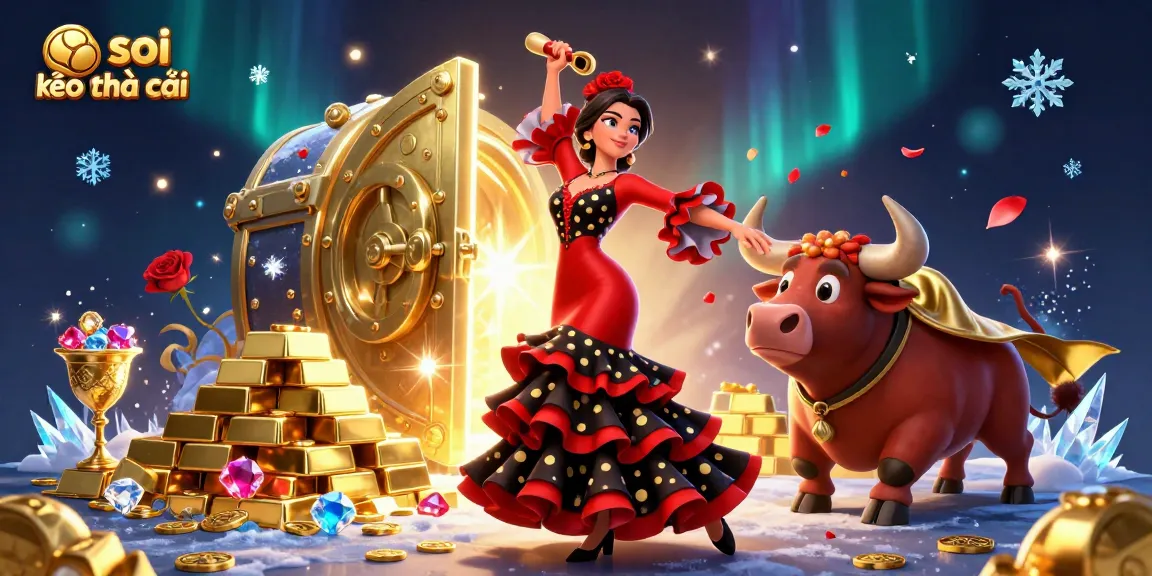 Soi kèo nhà cái provides an engaging scene with a flamenco dancer and a golden bull amidst treasure and gems.