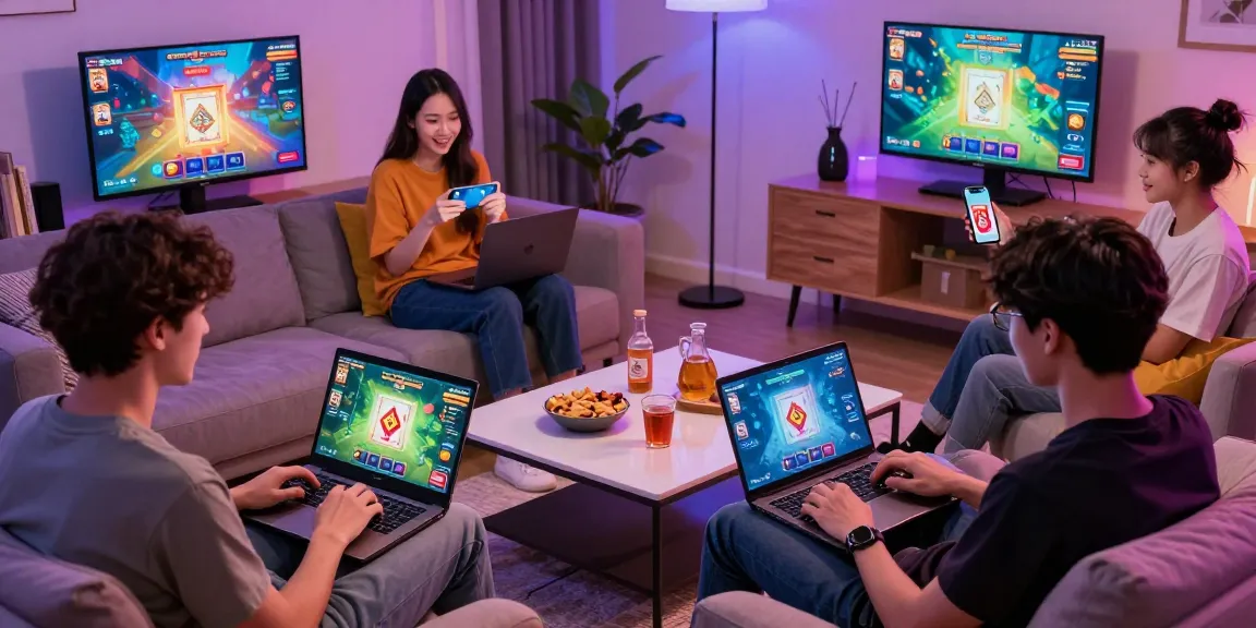 Enjoying link sunwin 2026 online gaming experience with friends in a vibrant living room.