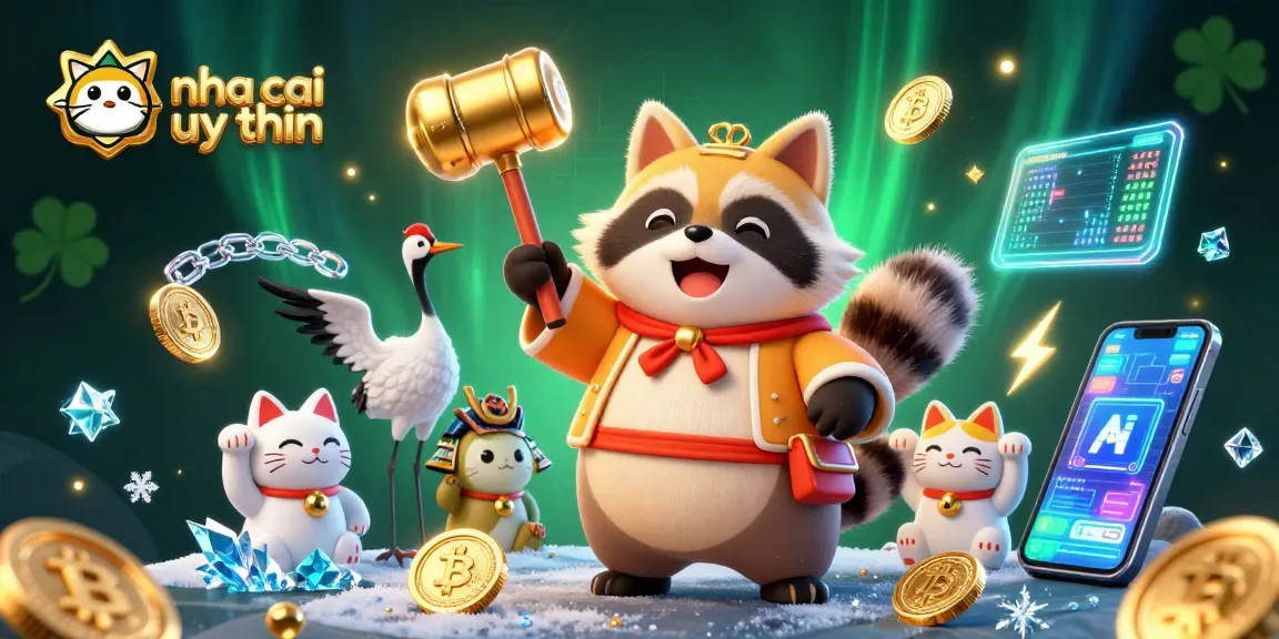 Play at nha cai uy tin with a cheerful tanuki in a dynamic 3D scene showcasing vibrant crypto elements.