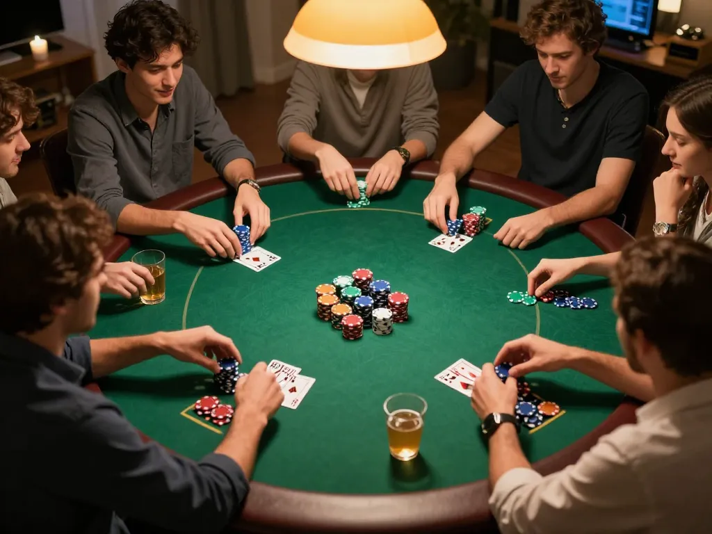 Players engage in an exciting poker game at home, showcasing debet strategies with chips and cards.