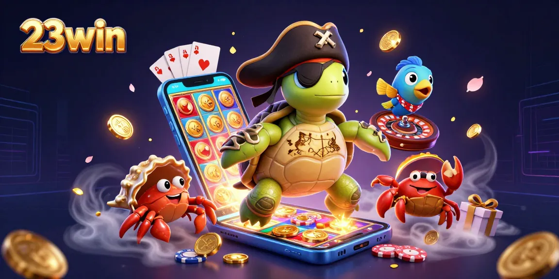 Experience the thrill of 23win with colorful slot games and exciting characters in an interactive casino scene.