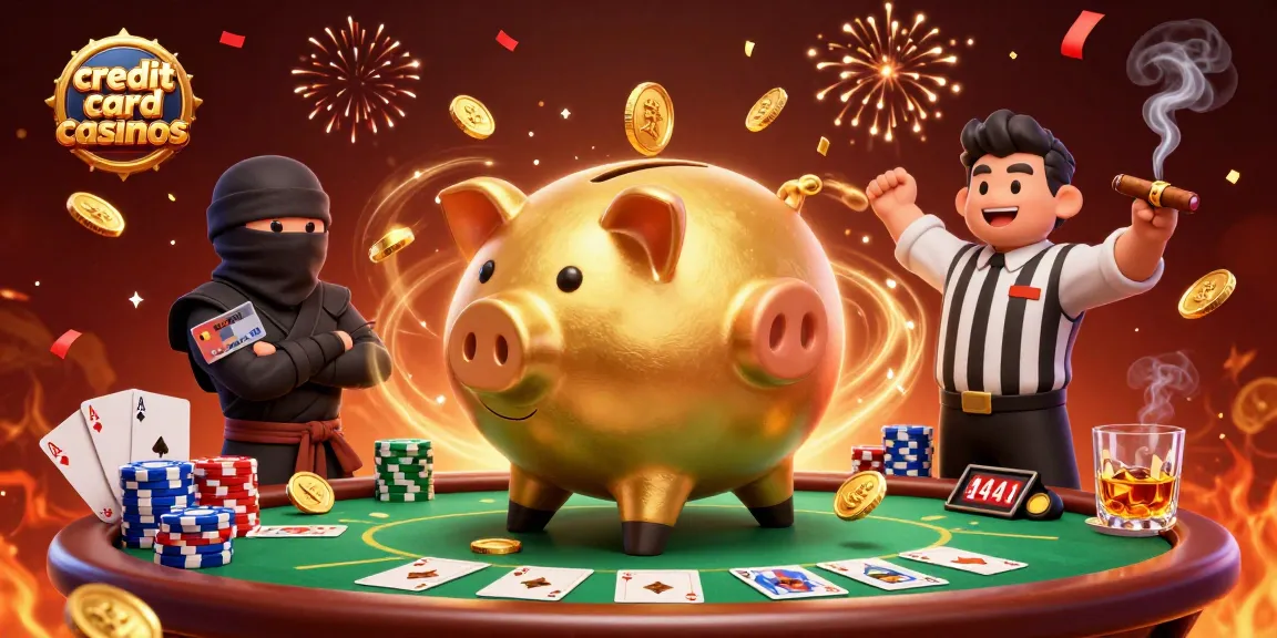 Experience the thrill of credit card casinos with a giant piggy bank sumo wrestler surrounded by dynamic poker elements.
