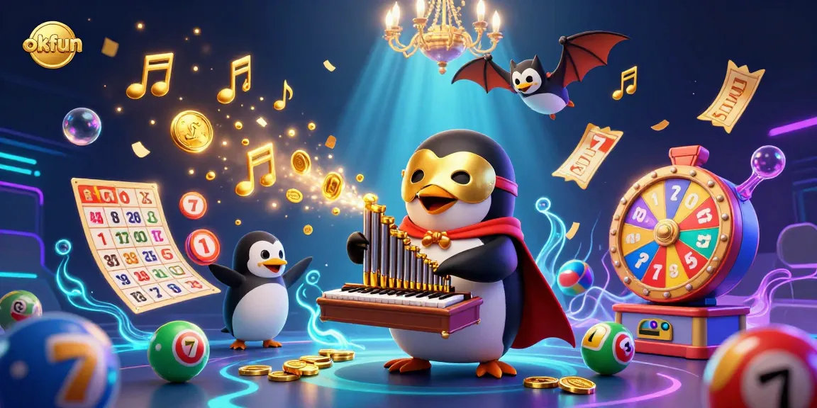 Experience fun with okfun through a vibrant scene of animated casino elements and characters in a digital illustration.